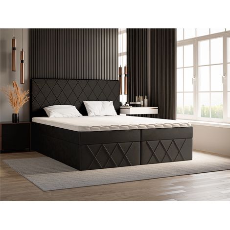 Emporius Lit continental 200x200 cm Pesto, lit en velours avec matelas, surmatelas et rangement, Noir (1/5)