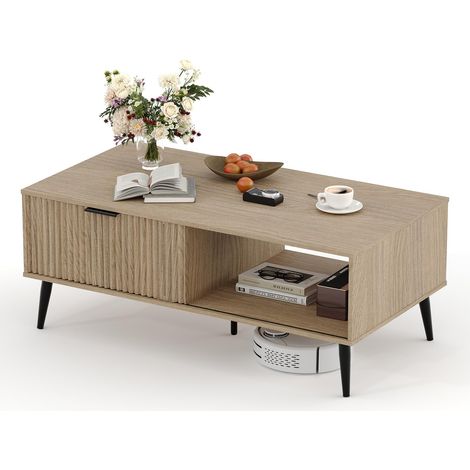 Table basse en bois, rangement, porte coulissante à motifs vagues, pieds solides en bois massif, 2 niveaux, rétro-moderne, Naturel (1/5)