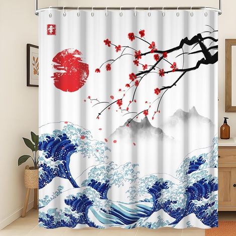 Rideau de Douche Peinture Japonaise Traditionnelle Kanagawa Rideau de Douche Grandes Vagues Fleurs de Cerisier Rouge Soleil Paysage de Montagne Japonais Rideau de Salle de Bain 120x180cm (1/5)