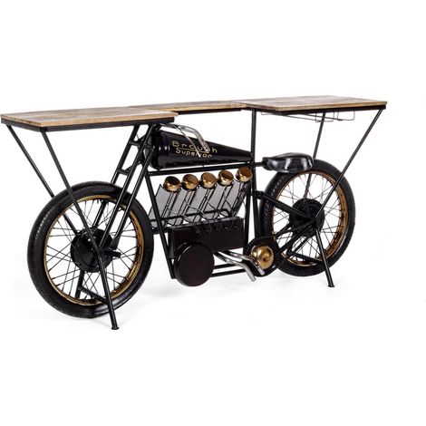 Consolle da bar "Moto Replica" moderno con piano in legno, ruote, 183 x 43 x 89 cm (1/5)