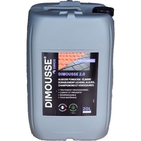 Dimos – Antimousse prêt à l'emploi 20 litres – Anti-verdissures pour tuiles, murs et sols – Efficacité durable sous 6 à 9 mois