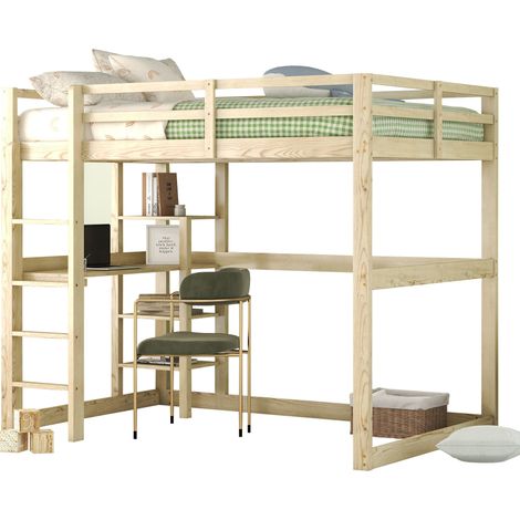 Lit mezzanine en pin naturel 140x200 cm avec bureau et rangement 4 étagères, sommier à lattes inclus (1/5)