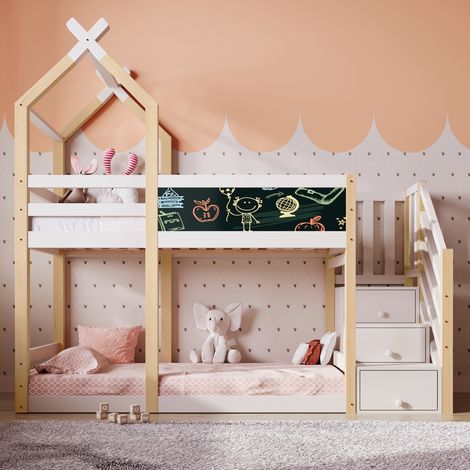 Lit superposé 90x200 - design maison avec échelle et tiroirs - sécurité renforcée - blanc (1/5)