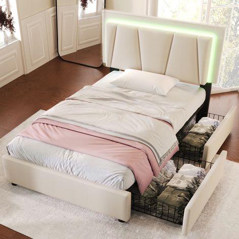 letto contenitore 90x200 LED con 2 cassetti beige OKMYHOME (1/5)