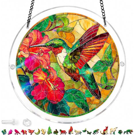 Décoration Papillon Ronde à Suspendre, Plaque Décorative Style Vitrail avec Chaîne Métallique, Motif Papillons et Fleurs Colorés, pour Maison Véranda Jardin (1/5)