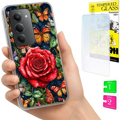 Custodia per Xiaomi Redmi 15 4G / 5G 169mm, cover posteriore con farfalle + vetro (1/5)