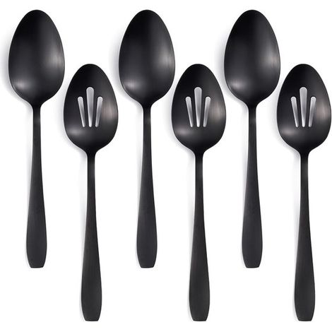 Ensemble de 6 cuillères de service en acier inoxydable noir mat : 3 cuillères de service et 3 écumoires. Couverts de buffet pratiques et de haute qualité en acier inoxydable. (1/5)