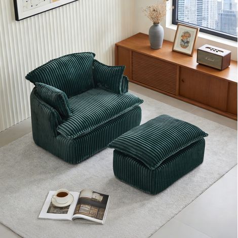 Poltrona con pouf 115x89x77 cm verde in flanella effetto velluto a coste compressa senza montaggio (1/5)