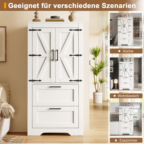 Meuble de cuisine de style campagnard avec 2 tiroirs et étagères réglables, meuble d'appoint style porte de grange, idéal comme meuble de rangement pour la cuisine, la salle à manger et le salon, blan (1/4)