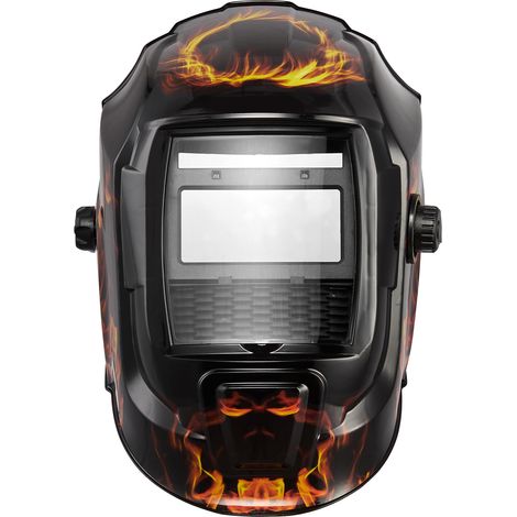 Mophorn Casque de soudage solaire auto-obscurcissant avec grand champ de vision 93 x 43 mm, équipé de 2 capteurs d'arc, teinte réglable DIN 4/9-13, adapté pour TIG, MIG, motif flamme jaune (1/5)