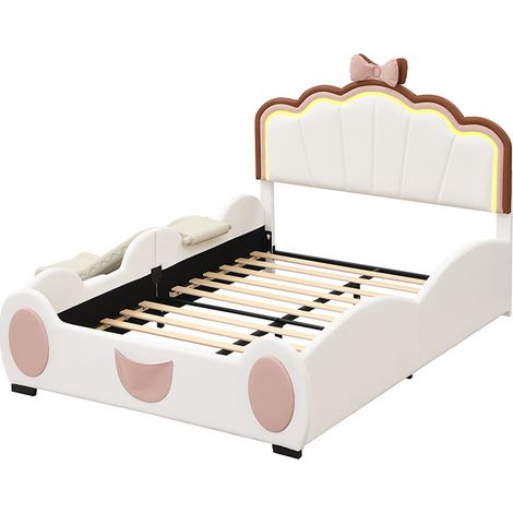Cama infantil 140 x 200 cm en PU y MDF con LED, tobogán y escalera, rosa y blanco (1/5)