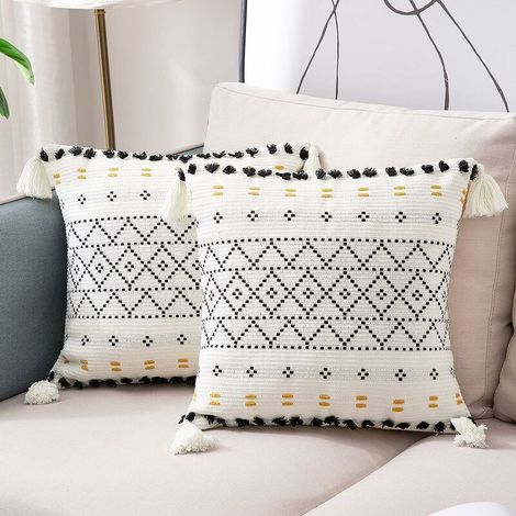 Lot de 2 Housse de Coussin Moderne Boheme Tissée en Coton Taie d'oreiller à Motif Géométrique Décoration pour Salon Canapé Chambre Maison 45 x 45 cm, Noir et Blanc (1/5)