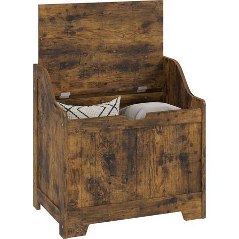 Coffre de rangement avec charnière de sécurité, coffre en bois avec poignée encastrée pour salon et entrée, brun rustique (1/5)