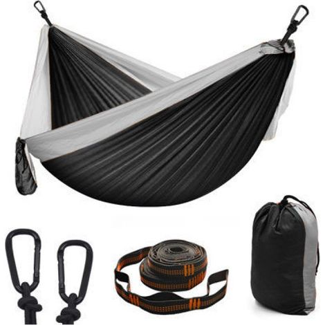 Hamac d'extérieur portable en nylon pour 2 personnes avec sangles d'arbre et mousquetons en alliage d'aluminium (270 x 140 cm). (1/5)