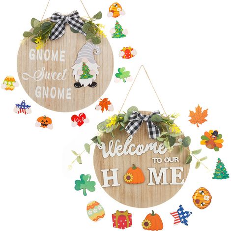 Kreativer Weihnachtsanhänger aus Holz, austauschbare Accessoires, festliche Elemente, Türschild „Willkommen“, Hängekranz, DIY-Bastelidee (1/4)