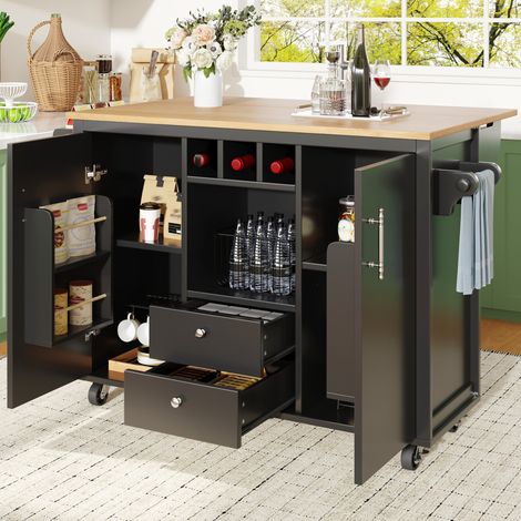 Isola cucina mobile 137,9x73x92,2 cm in MDF e metallo nero, estensibile per cucina FloraGrace (1/5)