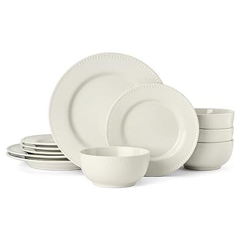 Mikasa Cranborne - Juego de comedor de cerámica de 12 piezas, en caja de regalo, para 4, con platos de cena, platos laterales y cuencos de cereales, apto para lavavajillas y microondas