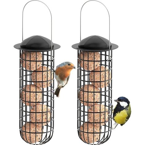 Ensemble de 2 mangeoires en métal pour oiseaux à boules de graisse pour oiseaux sauvages, support pour boules de graisse, couleur noire, à suspendre (1/5)