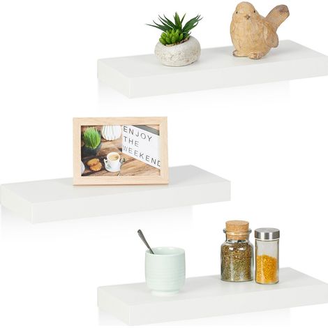 Relaxdays Floating Shelf, Set of 3, Decorative Wall Rack, MDF, Modern Design, Suspended Board, HWD: 3.5x38x15 cm, White (1/5)