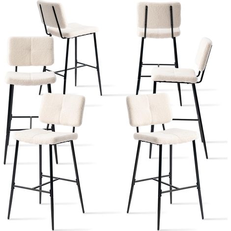 Lot de 6 Tabouret de Bar Industriel avec Dossier et Repose-Pieds, Siège Rembourrés de 75 cm de Haut, Chaises Hautes en Bouclette Cadre en métal, Beige (1/5)