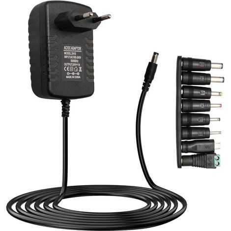 Adaptateur universel AC-DC 24V 1A Bloc d'alimentation avec 8 connecteurs DC interchangeables, 5,5 mm x 2,1 mm, surtension et court-circuit, idéal pour bandes LED, routeurs, caméras et appareils photo