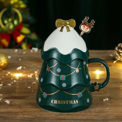 Christmas coffee mug with lid, pretty ceramic Christmas mugs for parents, children, loved ones and friends, green (1/5)
