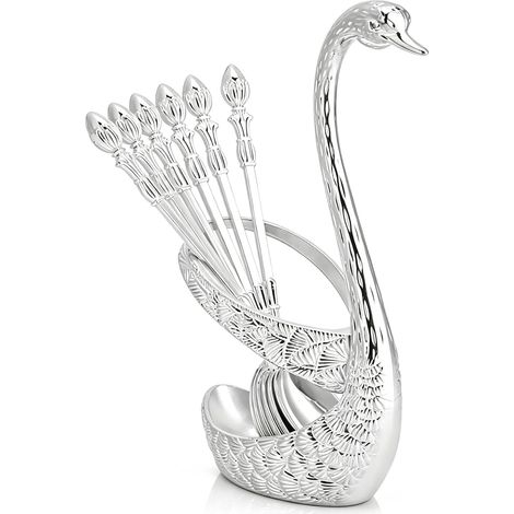 Support Cuillère Cygne - 6 Cuillères Café - Alliage Zinc Acier Inoxydable - Polissage Miroir - Salon Cuisine Dessert - Argent 15x5x7,5cm (1/5)