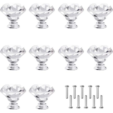 10 boutons de meubles, cristal diamant, 3 x 2,8 cm, finition chromée argentée, pour armoires et tiroirs (1/5)