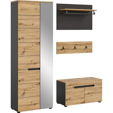 Ebuy24 – Ensemble de 3 meubles d'entrée naturel et anthracite – Armoire penderie 65x37x190 cm – Portemanteau 80x27x73 cm – Banc 80x37x45 cm (1/5)