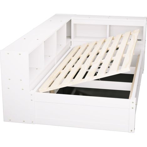 Multifunktionsbett 90 x 200 cm weiß mit integrierten Steckdosen, Stauraum und LED, MODENUIT (1/5)