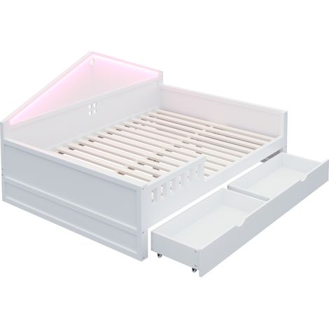 Doppelbett 140 x 200 cm mit LED, 2 Schubladen und Holzlattenrost, weiß MODENUIT (1/5)