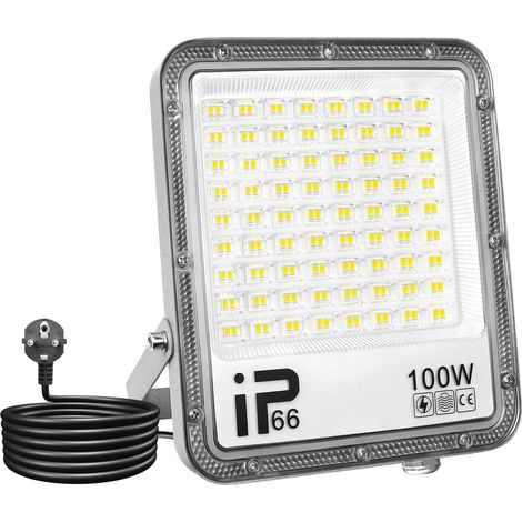 Projecteur LED d'extérieur 100 W 10 000 lm Blanc froid 6 000 K Étanche IP66 Pour jardin, garage, cour, pelouse, cour, atelier, terrasse, câble de 1 m avec prise britannique