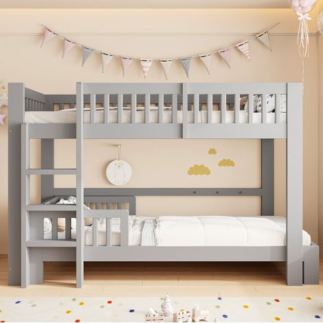Litera infantil de madera gris 90x200 cm, 2 camas separables, ahorro de espacio - MEUBLIV (1/5)