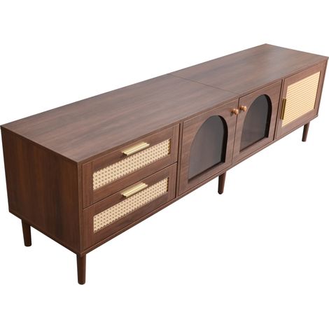 Mobile TV 180 cm marrone con 2 cassetti in rattan, 2 ante in vetro e LED (1/5)