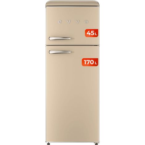 EVVO Frigorífico 2 puertas F45 Retro Beige, refrigerador 170 litros, congelador 45 litros, diseño vintage, cajón Crisper Zone, libre de gas CFC, silencioso
