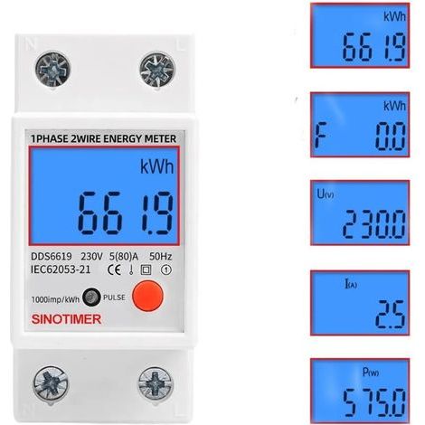 Compteur électronique monophasé multifonction - Affichage LCD rétroéclairé - Rail DIN - 5-80A 230V - Dimensions : 7.83.56.5cm (1/5)