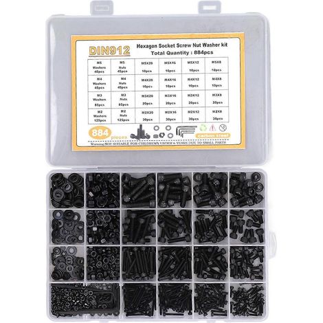 Assortiment de 884 pièces de vis, rondelles et écrous à tête hexagonale interne en acier au carbone, convenant aux tailles de vis M2, M3 et M4.