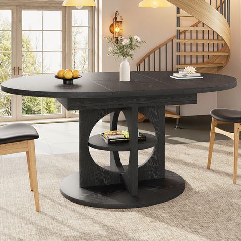 Ausziehbarer Esstisch mit Stauraum, 110-150 cm, rund bis oval, Schwarz, OKMYHOME (1/5)