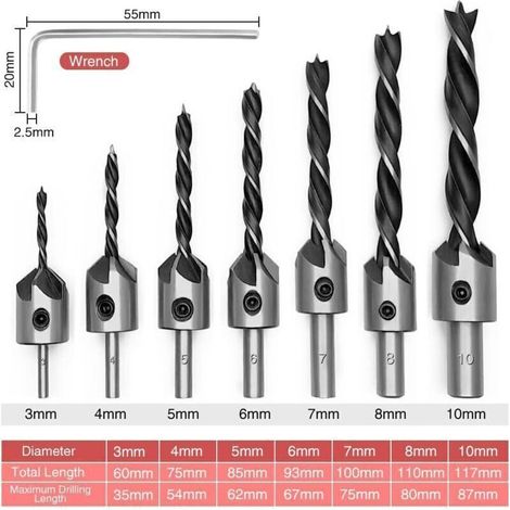 Forets à bois + fraises coniques HSS 5 cannelures – Lot de 7 outils de charpenterie avec clé hexagonale pour chanfreiner (1/2)