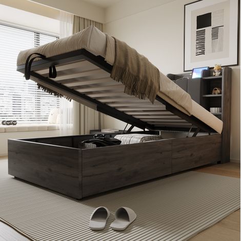 Letto singolo 90x200 cm grigio in MDF con vano idraulico, testiera contenitore e porte USB/Type-C (1/5)