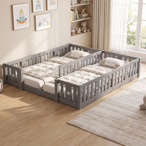 Cama infantil de suelo 180x200 cm doble para hermanos montessori de madera maciza con barrera de seguridad y somier de láminas - gris (1/5)