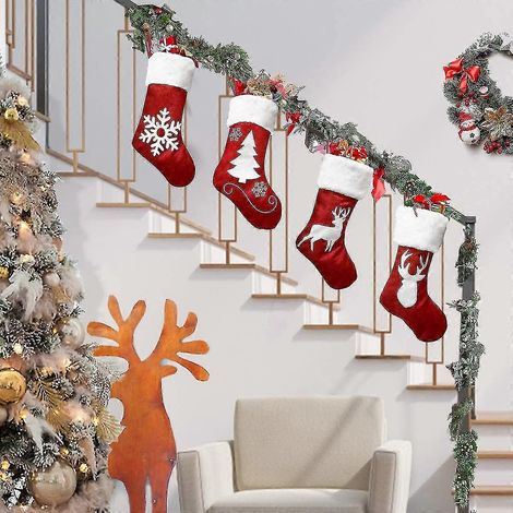 Chaussettes de Noël, lot de 4, 47 cm (18,5 pouces), grandes chaussettes de Noël en lin brodé, à suspendre à la cheminée, avec revers en peluche et renne flocon de neige. (1/5)
