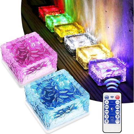 Lot de 2 pavés solaires multicolores avec télécommande à 12 touches - 10 x 10 x 5 cm - Capteur de lumière marche/arrêt [Classe énergétique A+++] (1/5)
