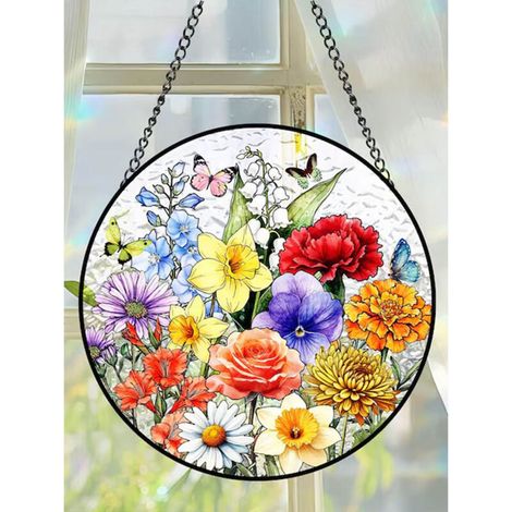 Décoration vitrail fleurs jardin 12,5 cm, attrape-soleil