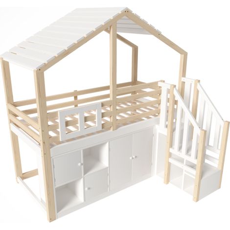 Letto a soppalco bambini 90 x 200 cm a forma di casa con scala contenitore bianco e naturale (1/5)