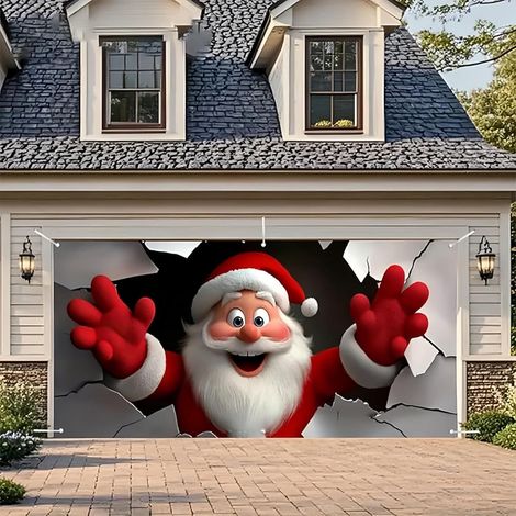 Rideau De Porte De Garage - Père Noël - 400 x 180 cm - Extérieur - Résistant Aux Intempéries - Pour Décoration De Noël (1/5)