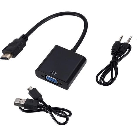 Câble adaptateur compatible HDMI vers VGA, convertisseur mâle-femelle, avec câbles audio et vidéo pour téléviseurs.