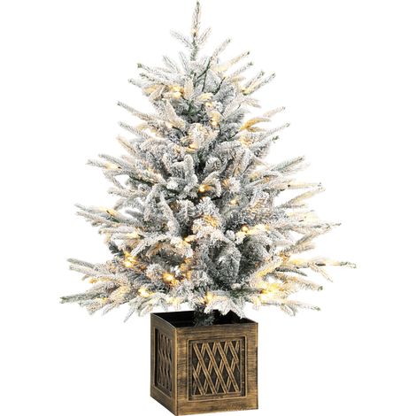 HOMCOM 90 cm Prelit Flocked Table Christmas Tree, Base Stand, Green White (1/5)
