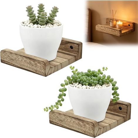 Lot de 2 petites étagères murales, mini étagère flottante de 12,8 x 12,8 cm avec rebord, baguettes de fixation murales, mini étagère, étagère rustique en bois pour chambre, cuisine, salle de bain, sal (1/5)