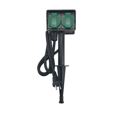 Perel – Prise étanche complète avec 2 prises – Câble H07RN-F 1,5m – Indice IP44 pour usage extérieur – Piquet de terre stable